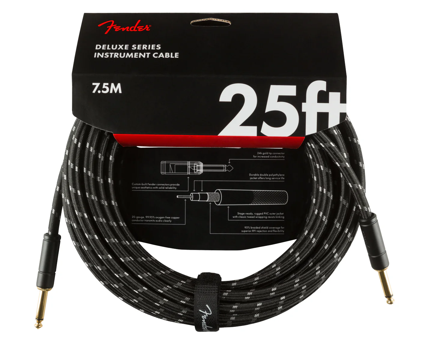 Fender Deluxe Series 25' Instrument Cable Black Tweed