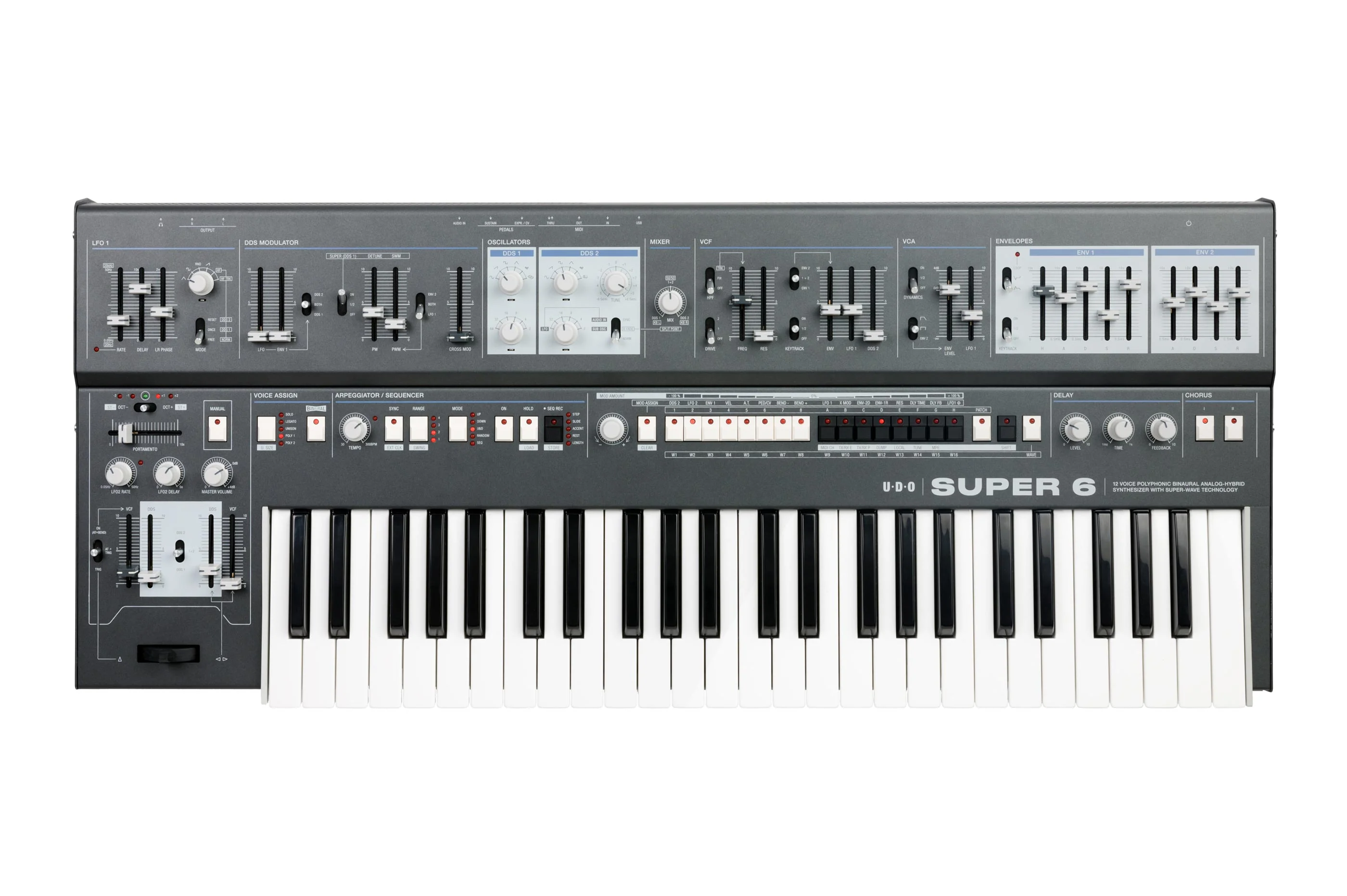 UDO Super 6 12 Voice Polyphonic Stereo-Analogue Hybrid Synthesizer - Grey - Image 2