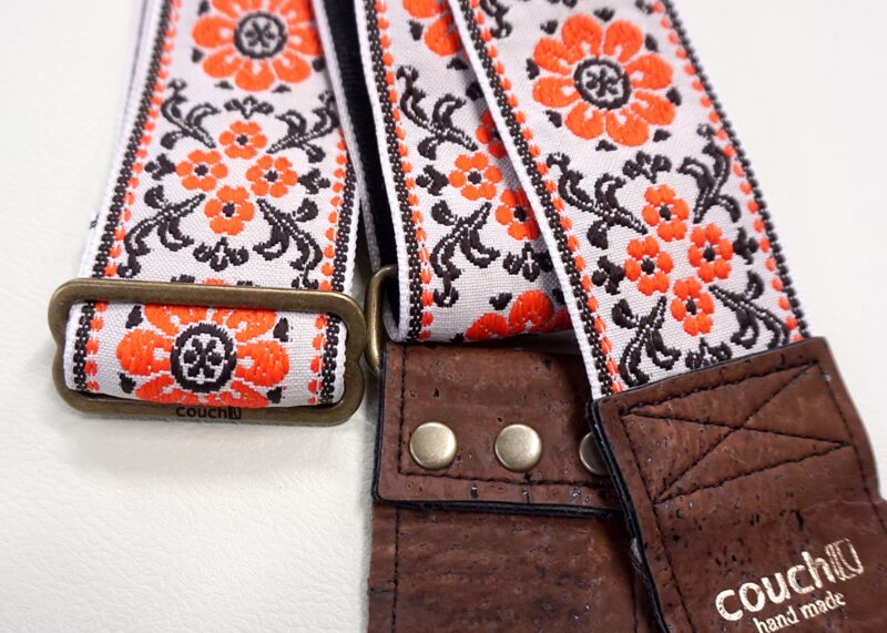 Couch Straps Cork and Orange Flowers Hippie Weave Guitar Strap - Image 2