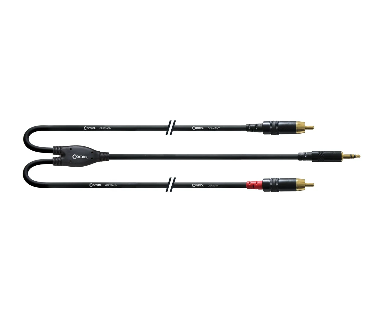 Cordial Essentials REAN Plug 3.5mm Stereo Gold to 2x RCA Gold - Long Pigtail Side (0.9m\3ft)